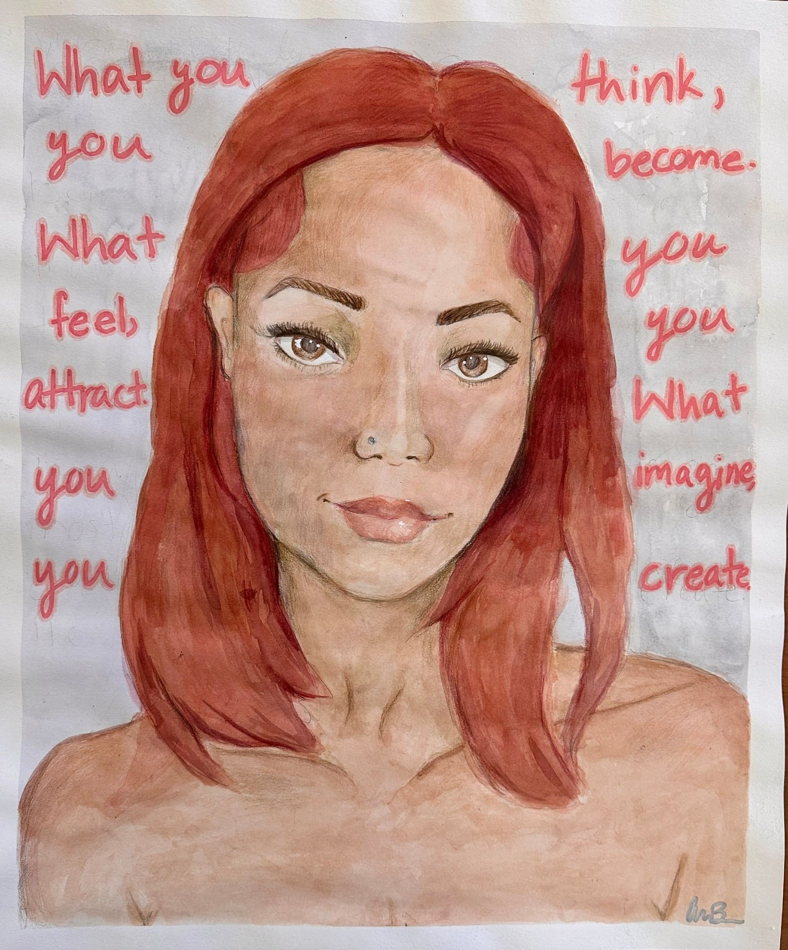 Portrait of a girl with red hair; words going across the background say 