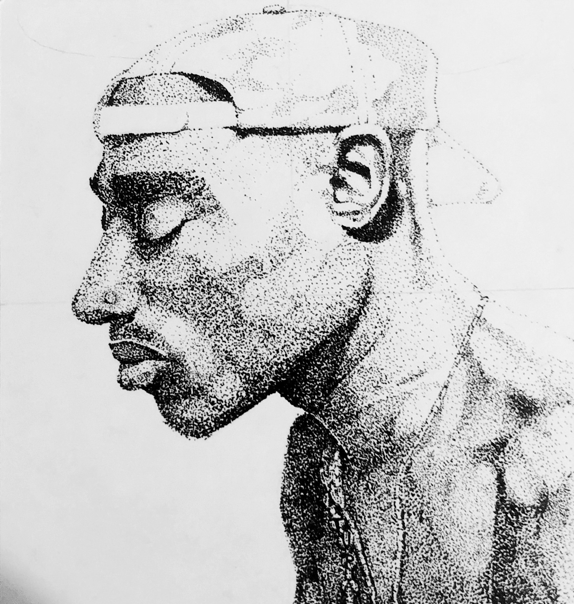 Black and white drawing of Tupac in profile facing left with his eyes closed