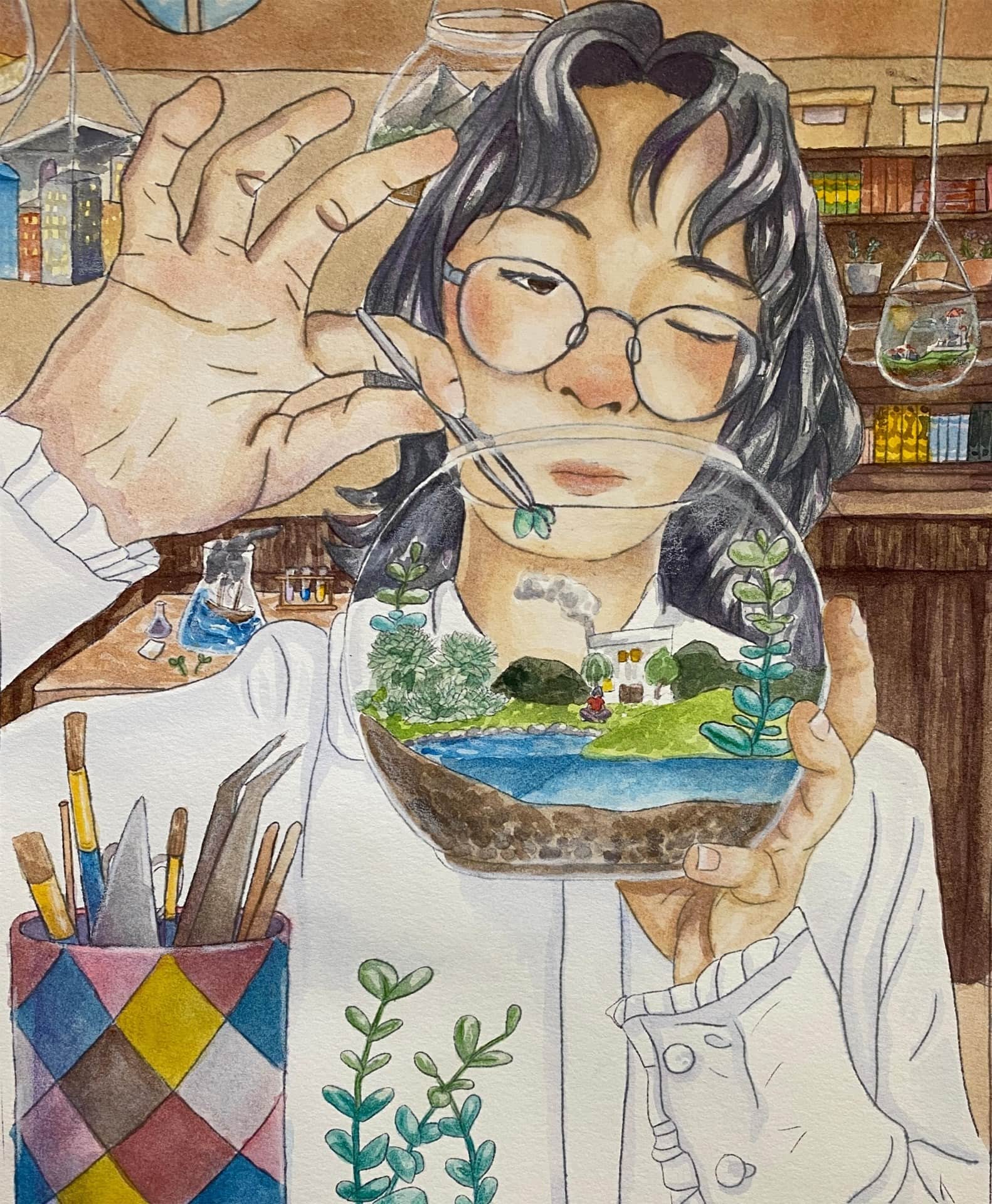 Young girl using tweezers to place a plant inside a clear bowl terrarium