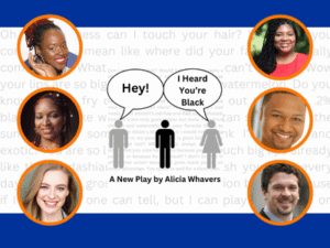 Graphic from play plus circular headshots for 6 cast members & playwright